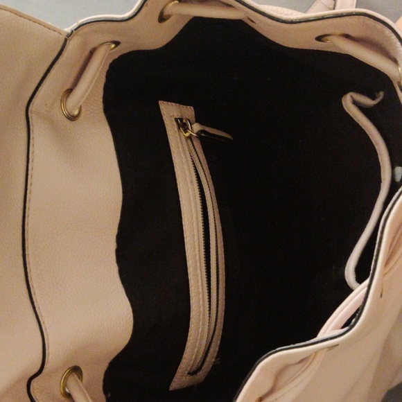 Baby pink leather Victoria Secret draw string backpack with gold chain detail main image 5
